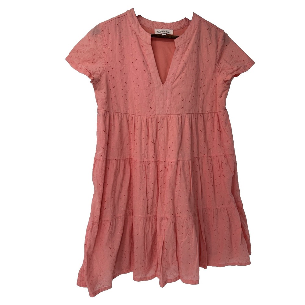 Harlow & Rose Pink Eyelet Tiered Short Sleeve sundress Cottagecore Country beach